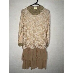 Vintage Drop Waist Crochet Lace Long Sleeve Mini Victorian Dress Women Size L